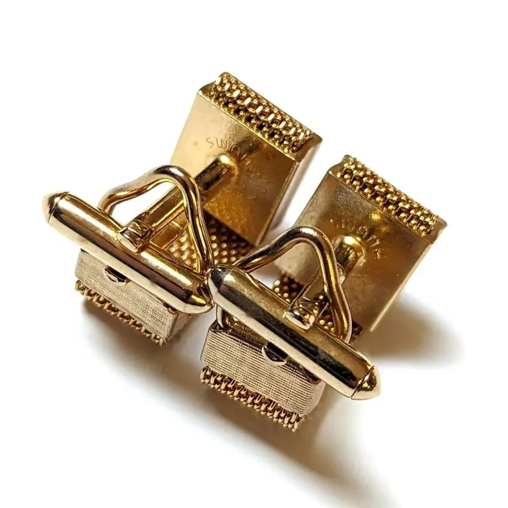 Vintage Swank Brushed Textured Gold Tone Square Cufflinks w/ Mesh Wrap